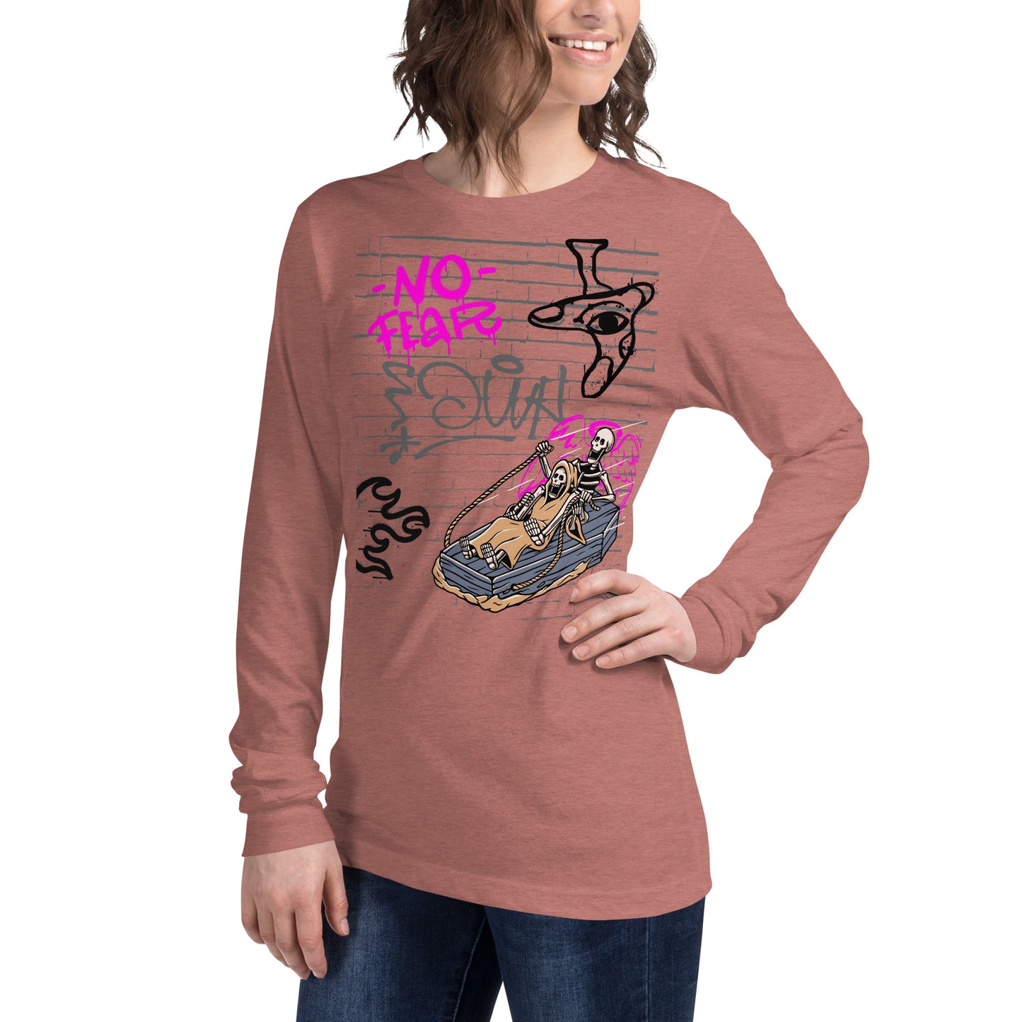 Image 31 of Heather Forest Fearless Long Sleeve Shirt - Left Placement, size XS, with No Fear artwork visible in front view, left-side angle.