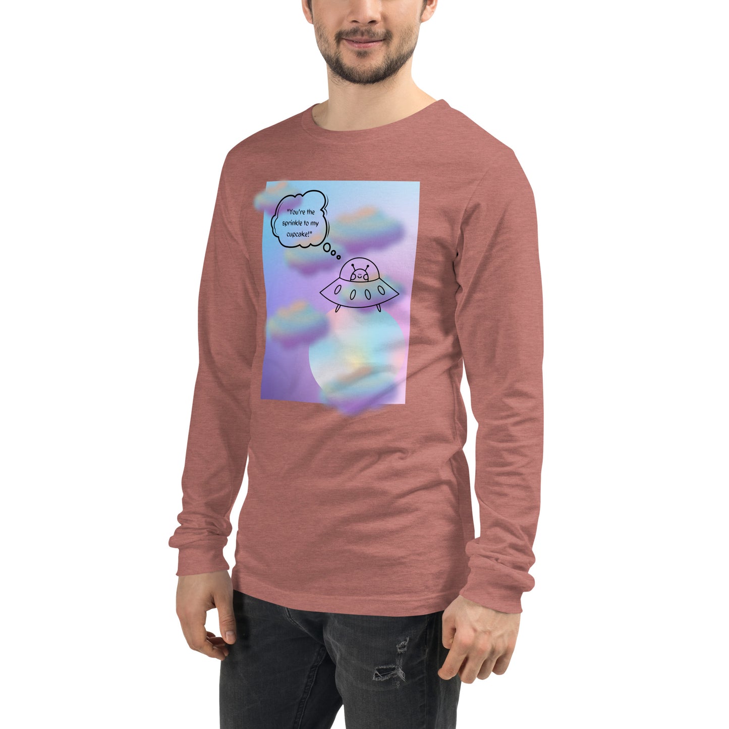 Image 53 of Poppy Sprinkle Theory Long Sleeve Shirt - Left Placement, size M, with You're the Sprinkle to My Cupcake artwork visible in front view, left-side angle.