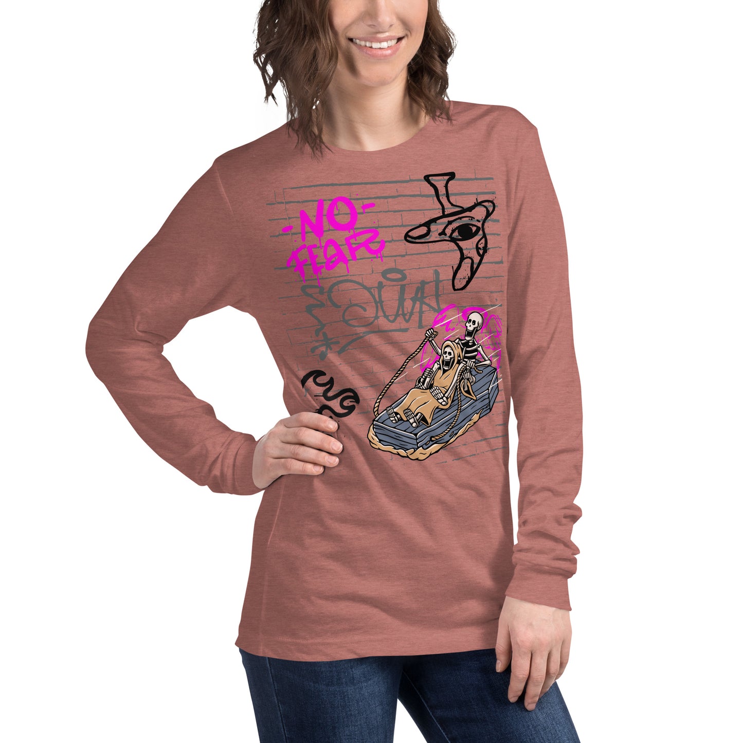 Image 32 of Heather Forest Fearless Long Sleeve Shirt - Left Placement, size S, with No Fear artwork visible in front view, right-side angle.