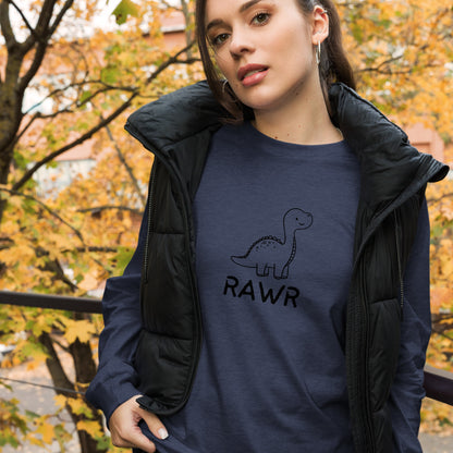 Wild Call Long Sleeve Shirt - Left Placement image 32: Heather Navy version, size S with front view of the Rawr range.