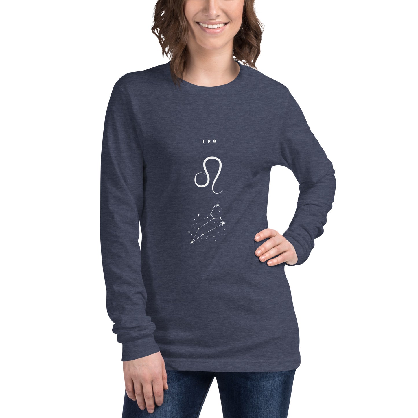 Solmane Long Sleeve Shirt - Left Placement image 49 in Heather Navy, size XS, showing front view for the Leo design.