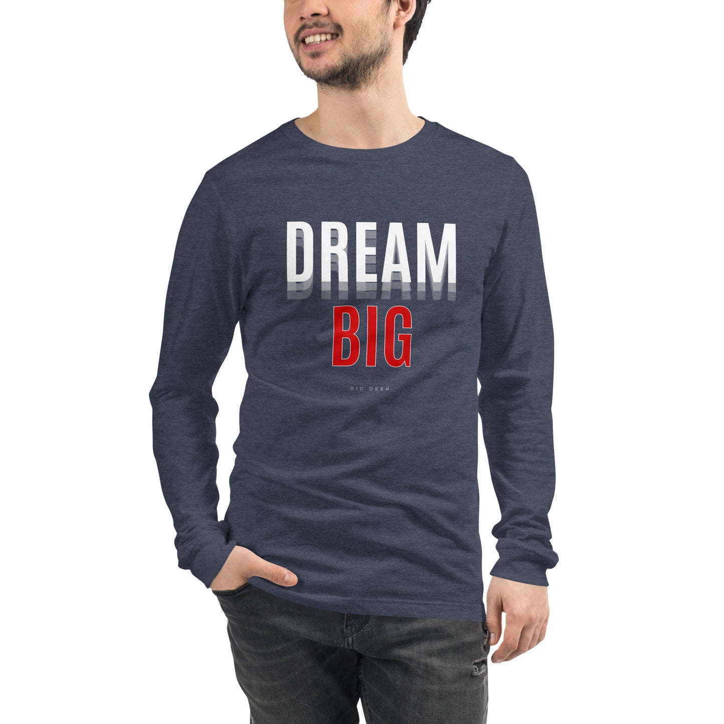 Skyline Dream Long Sleeve Shirt - Left Placement image 45 in Heather Navy, size XL, showing front view for the Dream Big design.