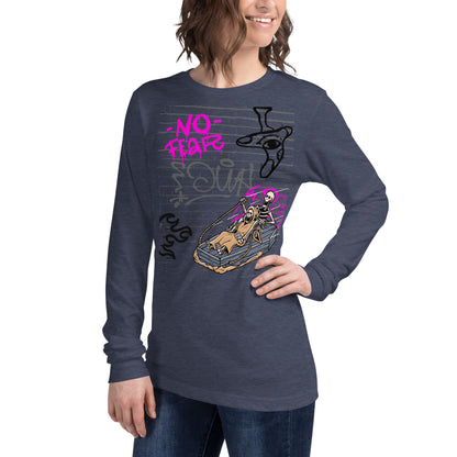 Fearless Long Sleeve Shirt - Left Placement product image 51 in Heather Navy, size M, with front view, left-side angle and left placement.