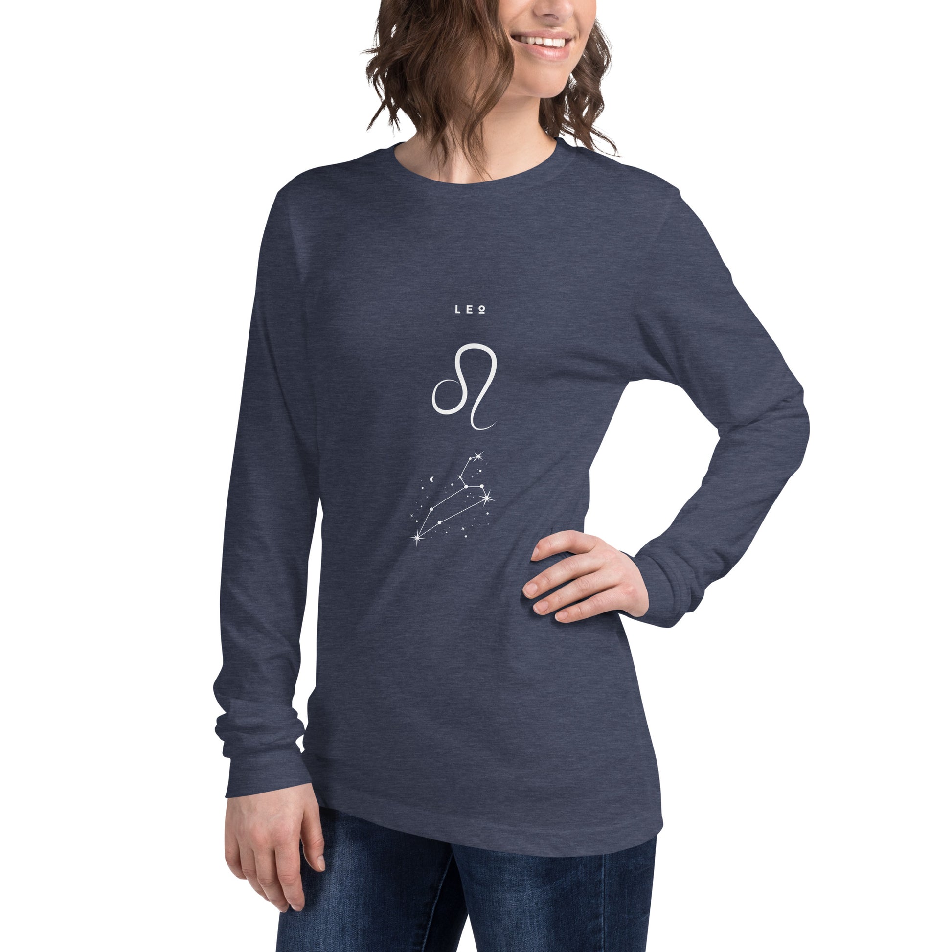 Solmane Long Sleeve Shirt - Left Placement image 51 in Heather Navy, size M, showing front view, left-side angle for the Leo design.