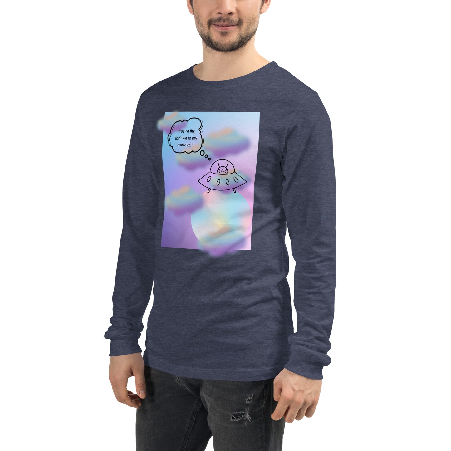 Image 83 of Sand Dune Sprinkle Theory Long Sleeve Shirt - Left Placement, size M, with You're the Sprinkle to My Cupcake artwork visible in front view, left-side angle.