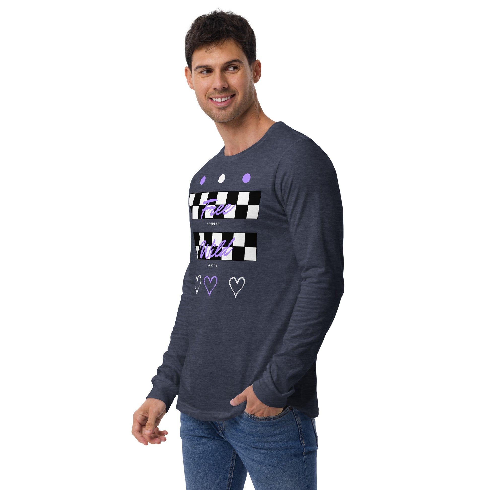 Image 28 of Heather Forest Freeborne Long Sleeve Shirt - Left Placement, size M, with Free Spirits artwork visible in front view, left-side angle.