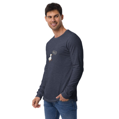 Quacksy Long Sleeve Shirt by R.A. Apparel, image 18, front view, left-side angle, Maroon, size L, design placement.