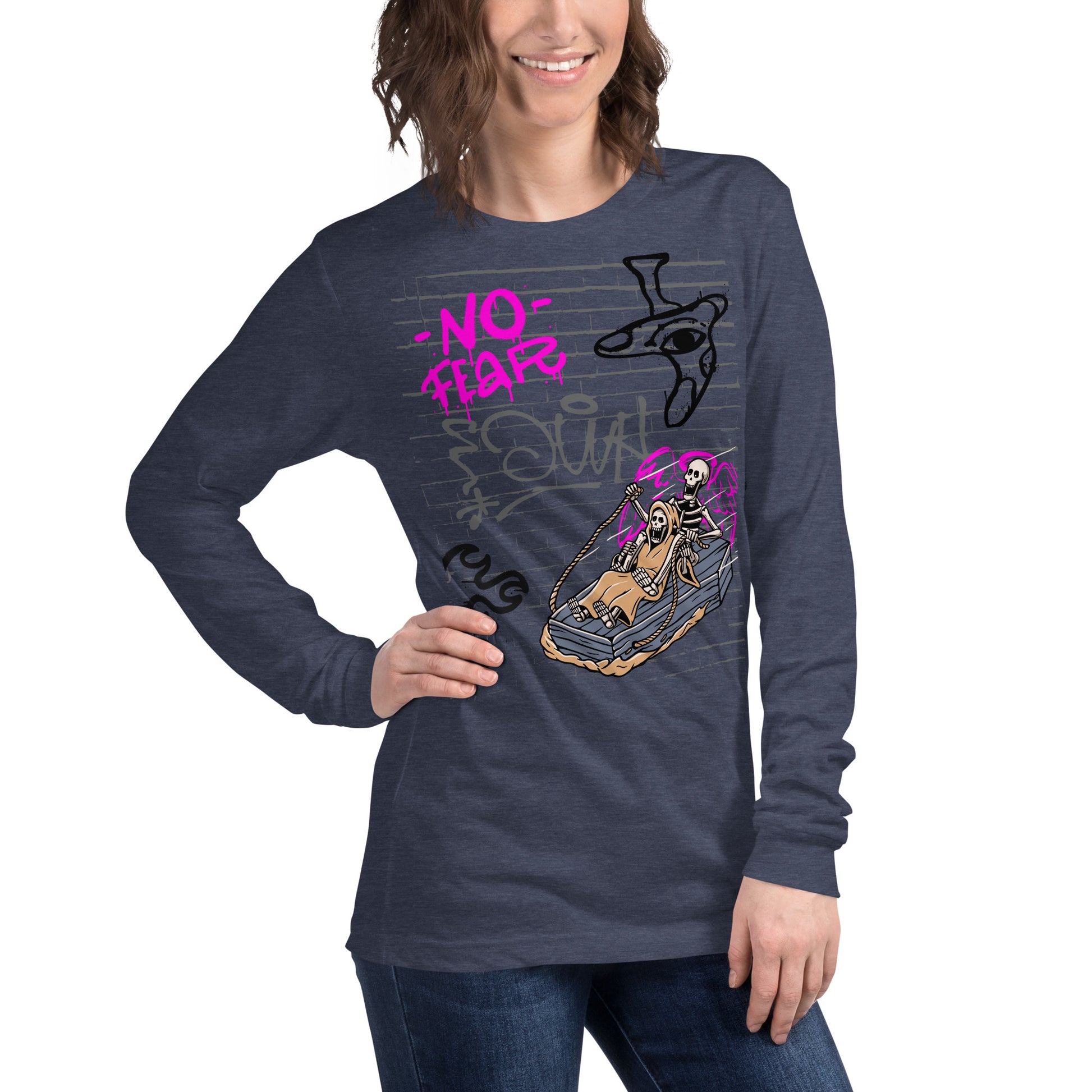 Fearless Long Sleeve Shirt - Left Placement image 52: Heather Navy version, size L with front view, right-side angle of the No Fear range.