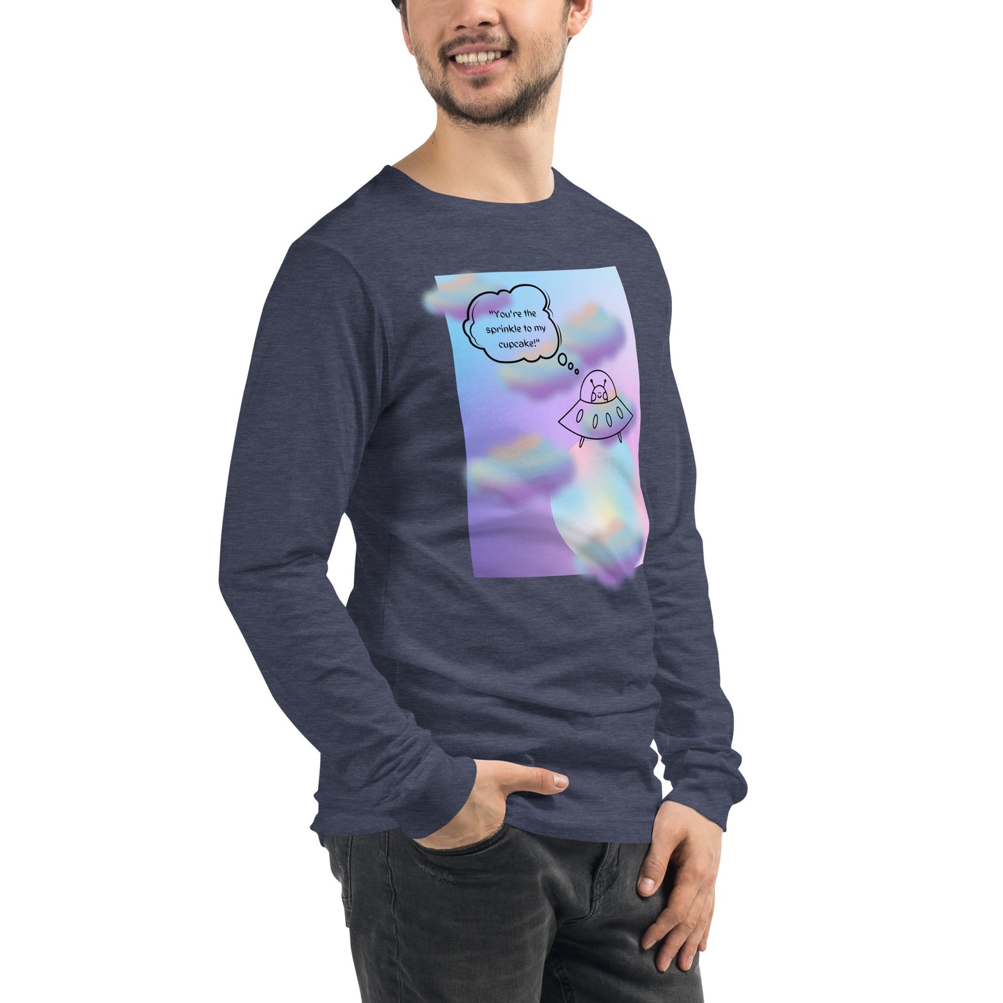 Image 84 of Sand Dune Sprinkle Theory Long Sleeve Shirt - Left Placement, size L, with You're the Sprinkle to My Cupcake artwork visible in front view, right-side angle.