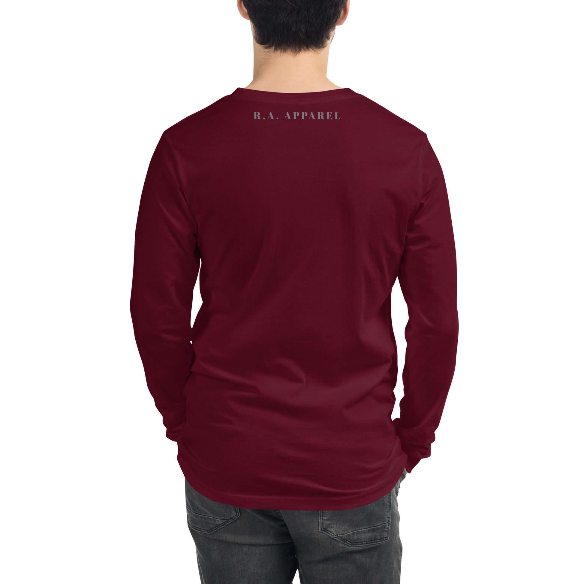 Stillwater Long Sleeve Shirt - Left Placement by R.A. Apparel, image 6, back view, Black Heather, size 2XL, left placement.