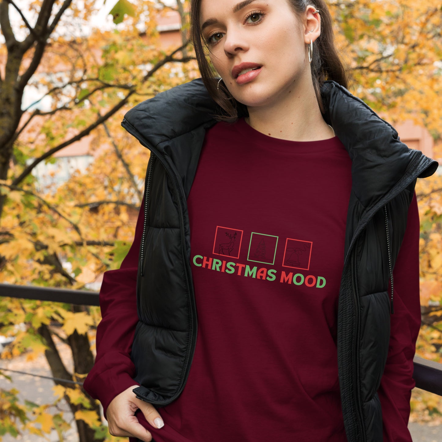 Festive Mood Long Sleeve Shirt - Left Placement image 3 in Navy, size M, showing front view for the Xmas Mood design.