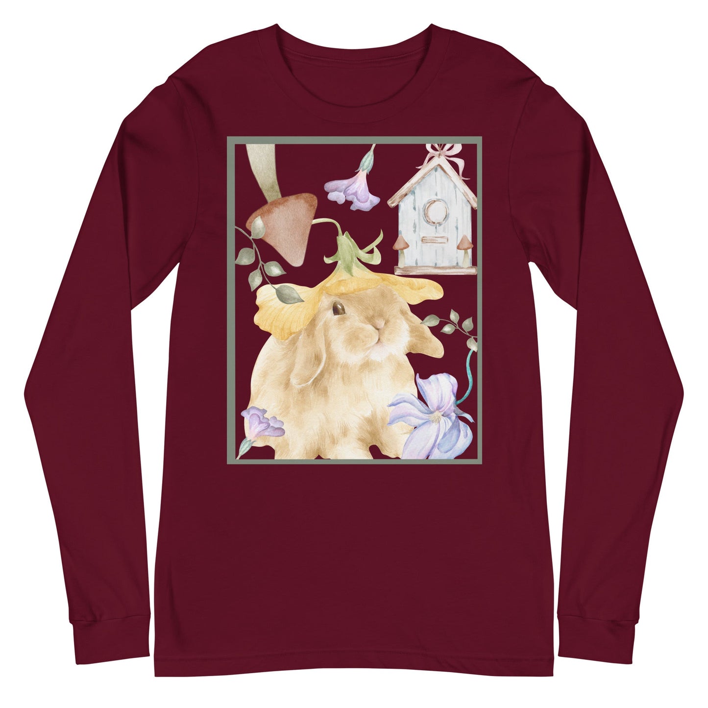 Meadow Club Long Sleeve Shirt - Left Placement image 4: Black Heather version, size L with front view of the Bunny Collage range.