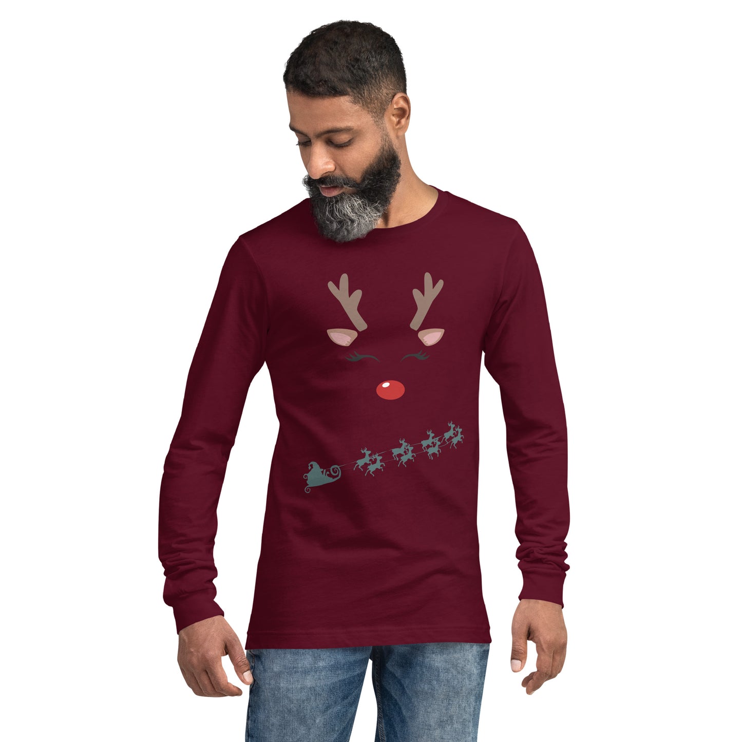 Northern Run Long Sleeve Shirt - Left Placement image 4 in Navy, size L, showing front view for the Reindeer design.