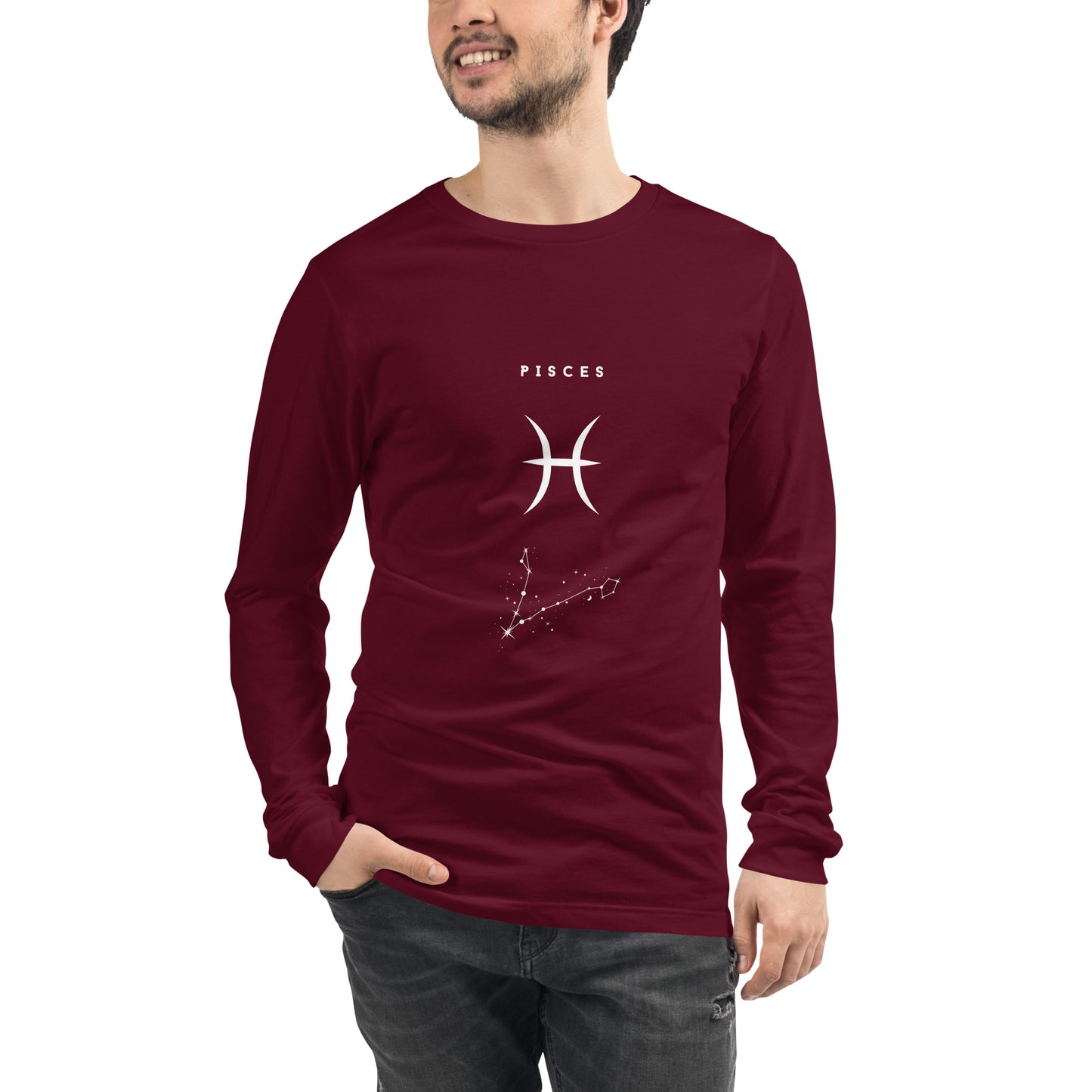 Tideborn Long Sleeve Shirt - Left Placement image 5: Black Heather version, size XL with front view of the Pisces range.
