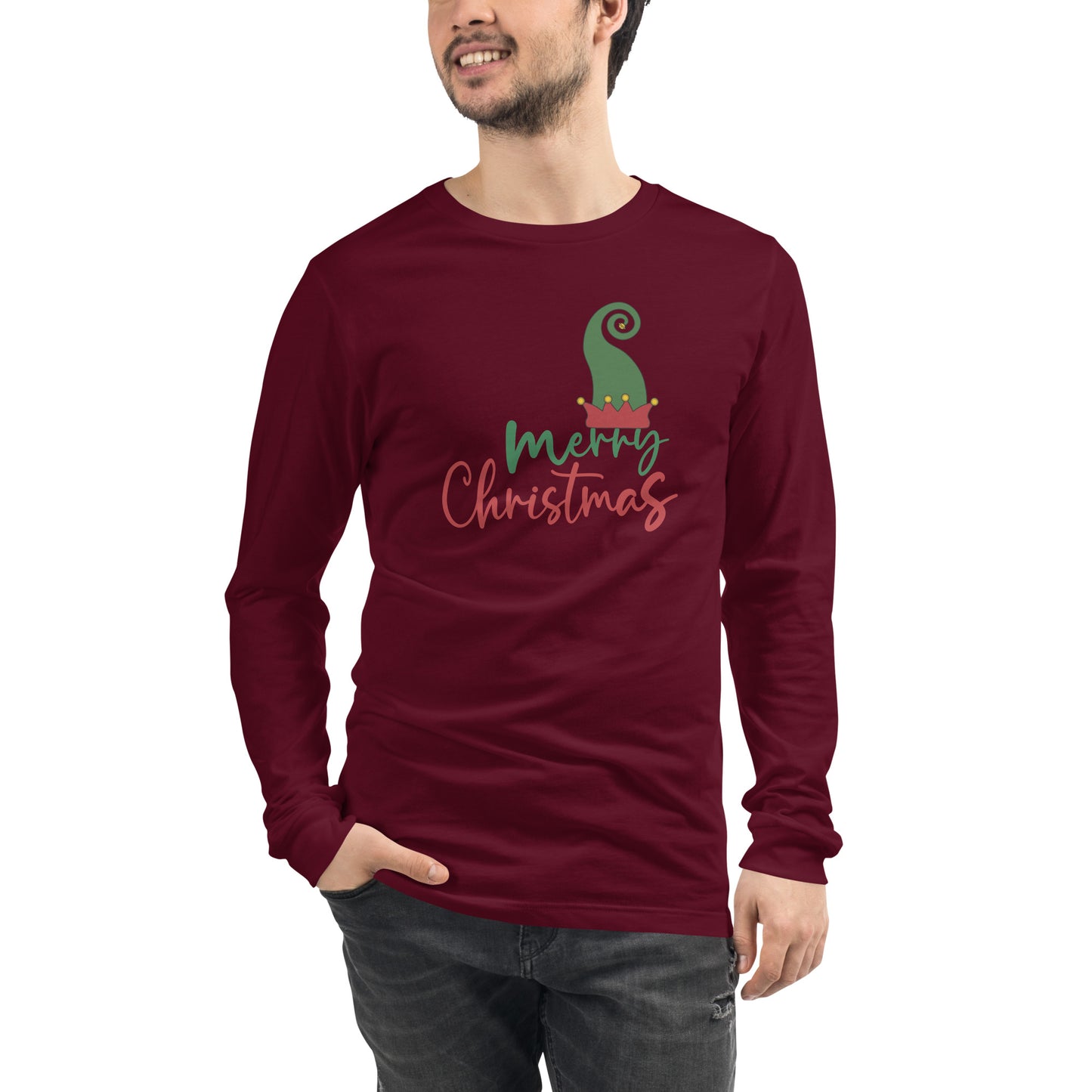 Noelle Long Sleeve Shirt - Left Placement image 5 in Black Heather, size XL, showing front view for the Merry Christmas design.