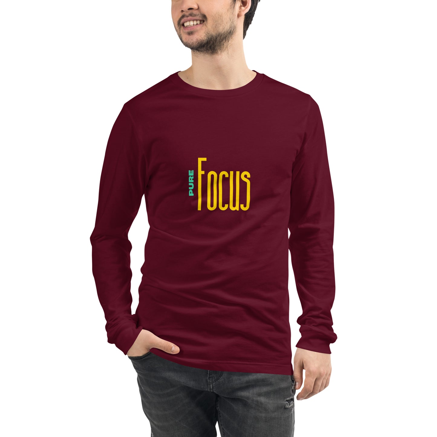 Image 5 of Black Heather Focusline Long Sleeve Shirt - Left Placement, size XL, with Pure Focus artwork visible in front view.