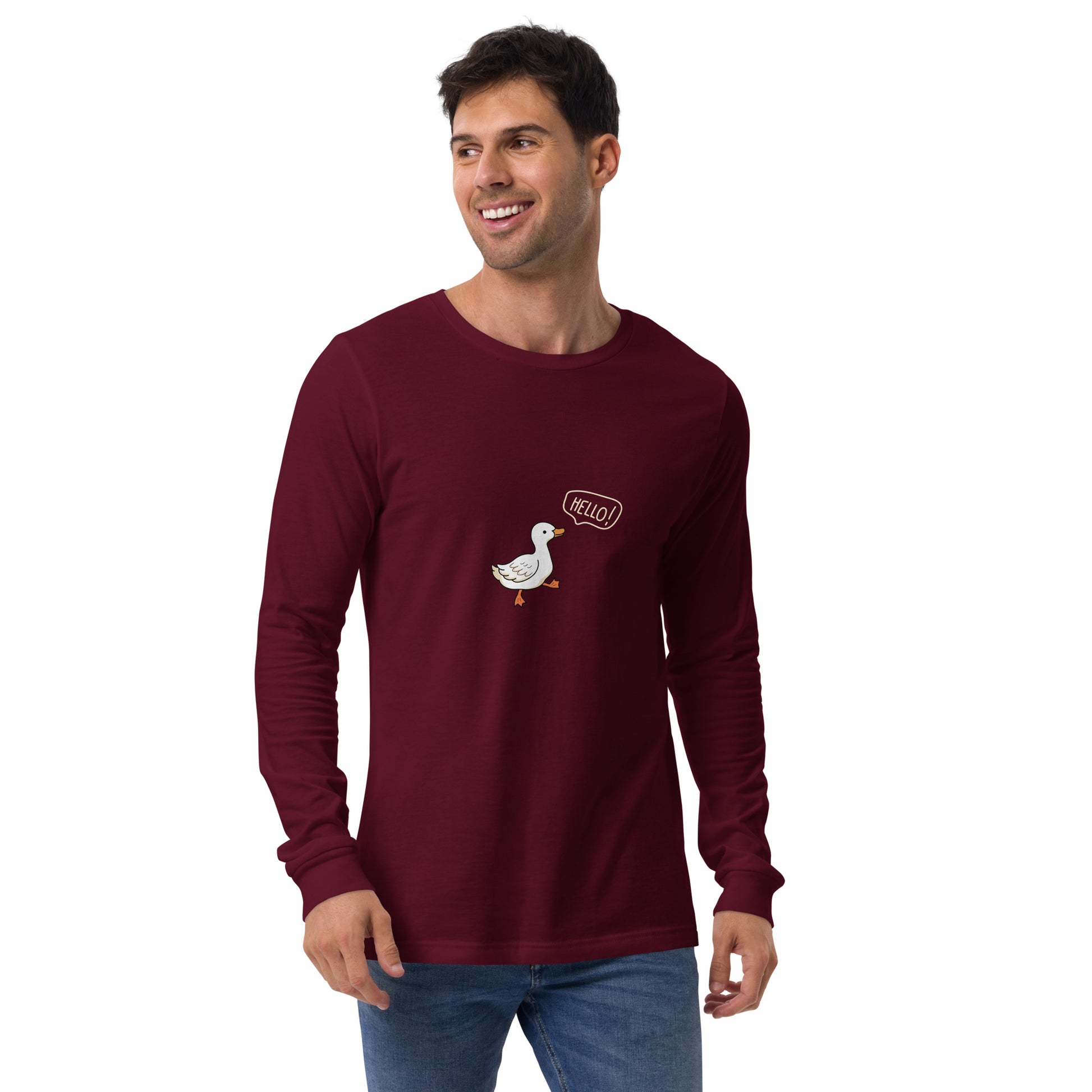 Quacksy Long Sleeve Shirt image 7 in Black, size M, showing front view for the Hello Duck design.