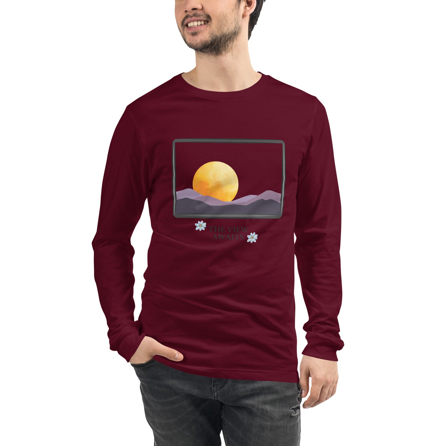 Avenor Long Sleeve Shirt image 19 in Maroon, size XL, showing front view for the The View Awaits design.