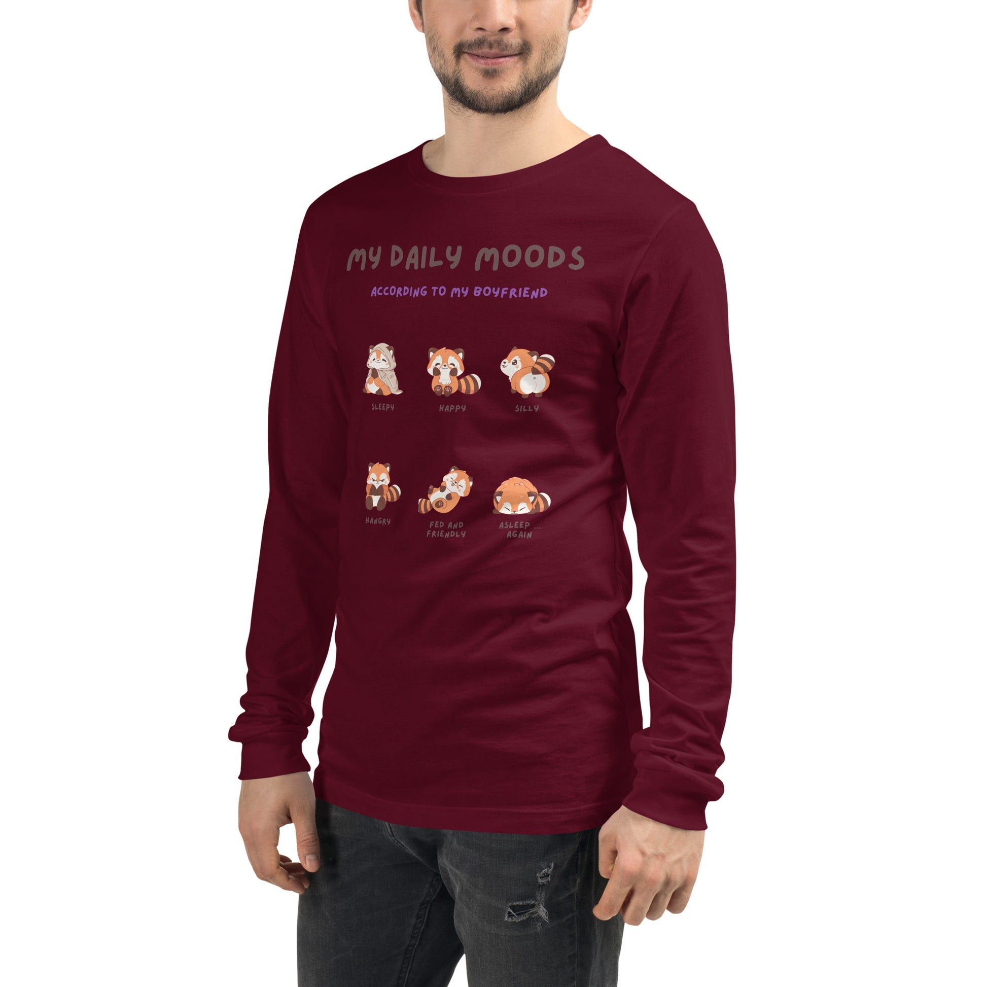Image 17 of Maroon Mood Diary Long Sleeve Shirt - Left Placement, size S, with My Daily Moods artwork visible in front view, left-side angle.