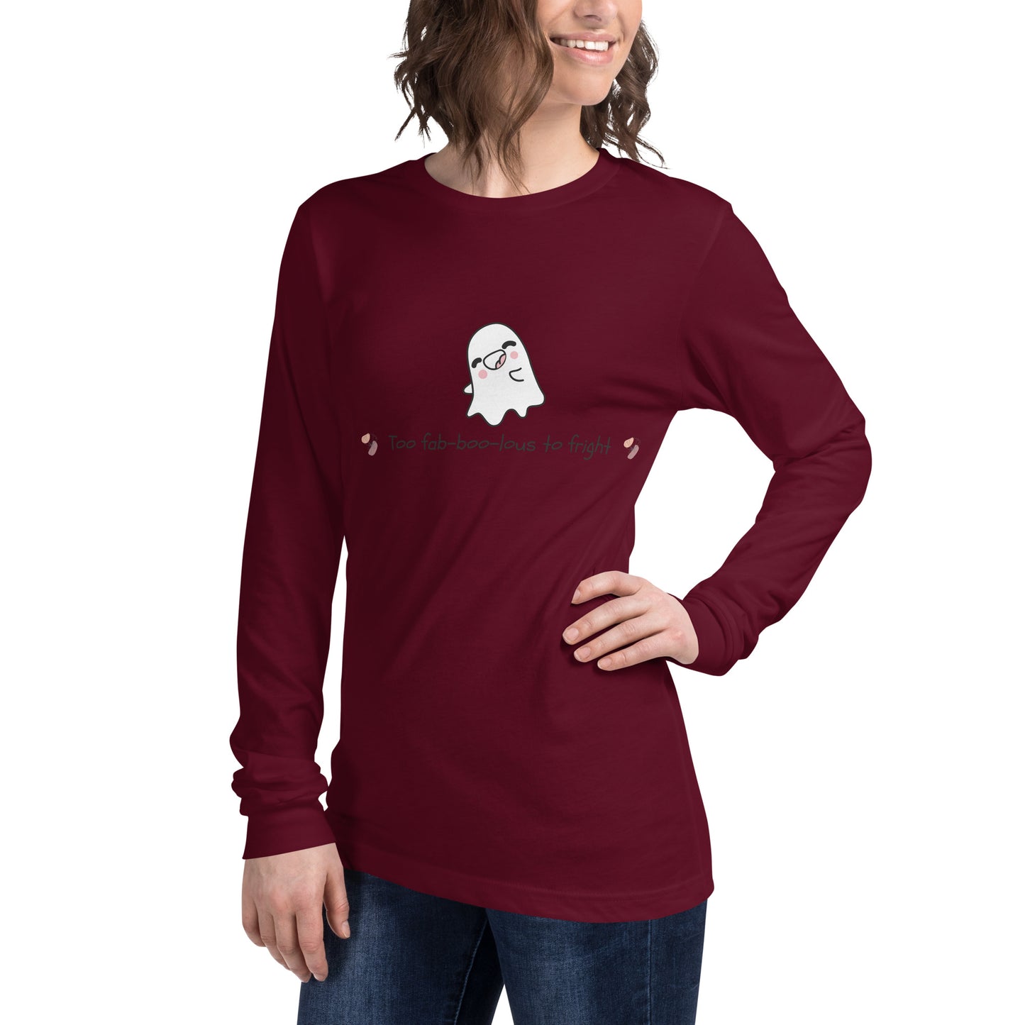 Image 7 of Red Boo Luxe Long Sleeve Shirt - Left Placement, size XS, with Fa Boo Lous artwork visible in front view, left-side angle.