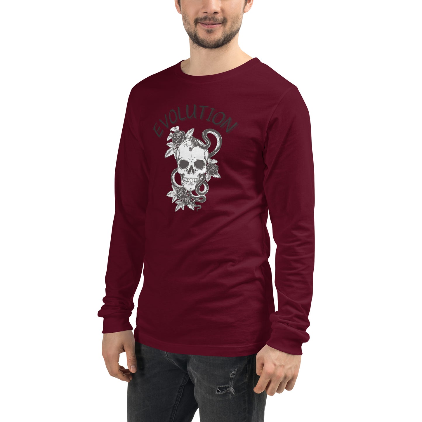 Evolution Long Sleeve Shirt - Left Placement by R.A. Apparel, image 17, front view, left-side angle, Maroon, size S, left placement.