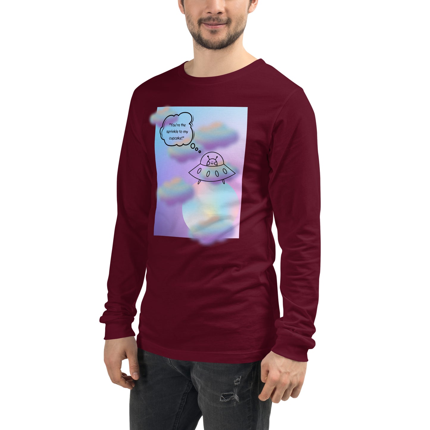 Sprinkle Theory Long Sleeve Shirt - Left Placement by R.A. Apparel, image 17, front view, left-side angle, Maroon, size S, left placement.