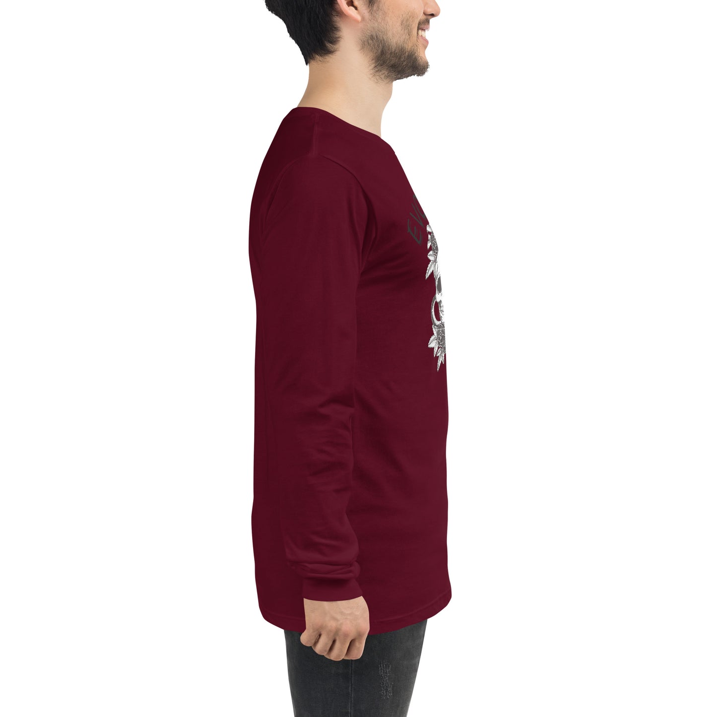Evolution Long Sleeve Shirt - Left Placement image 16 in Maroon, size XS, showing right-side angle for the Evolution design.