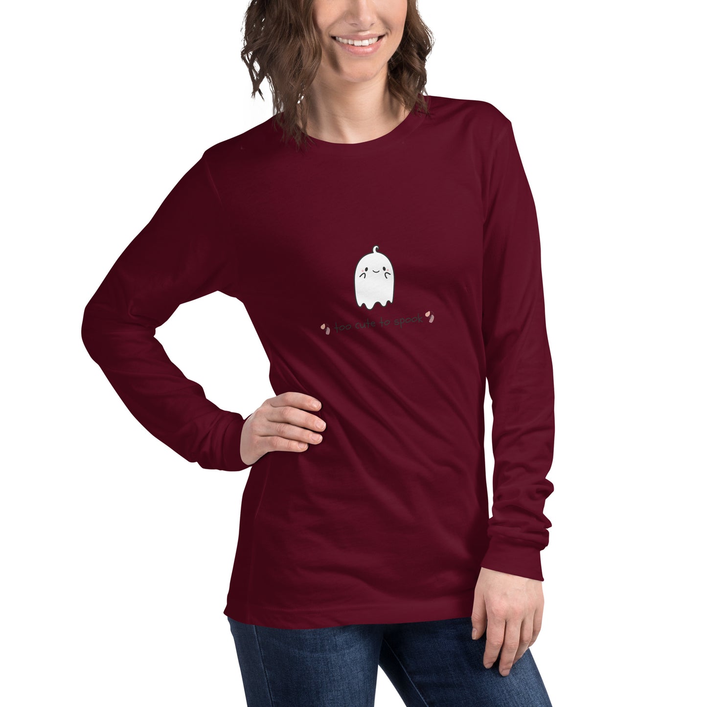 Image 18 of Maroon Cute Haunt Long Sleeve Shirt - Left Placement, size M, with Too Cute to Spook artwork visible in front view, right-side angle.