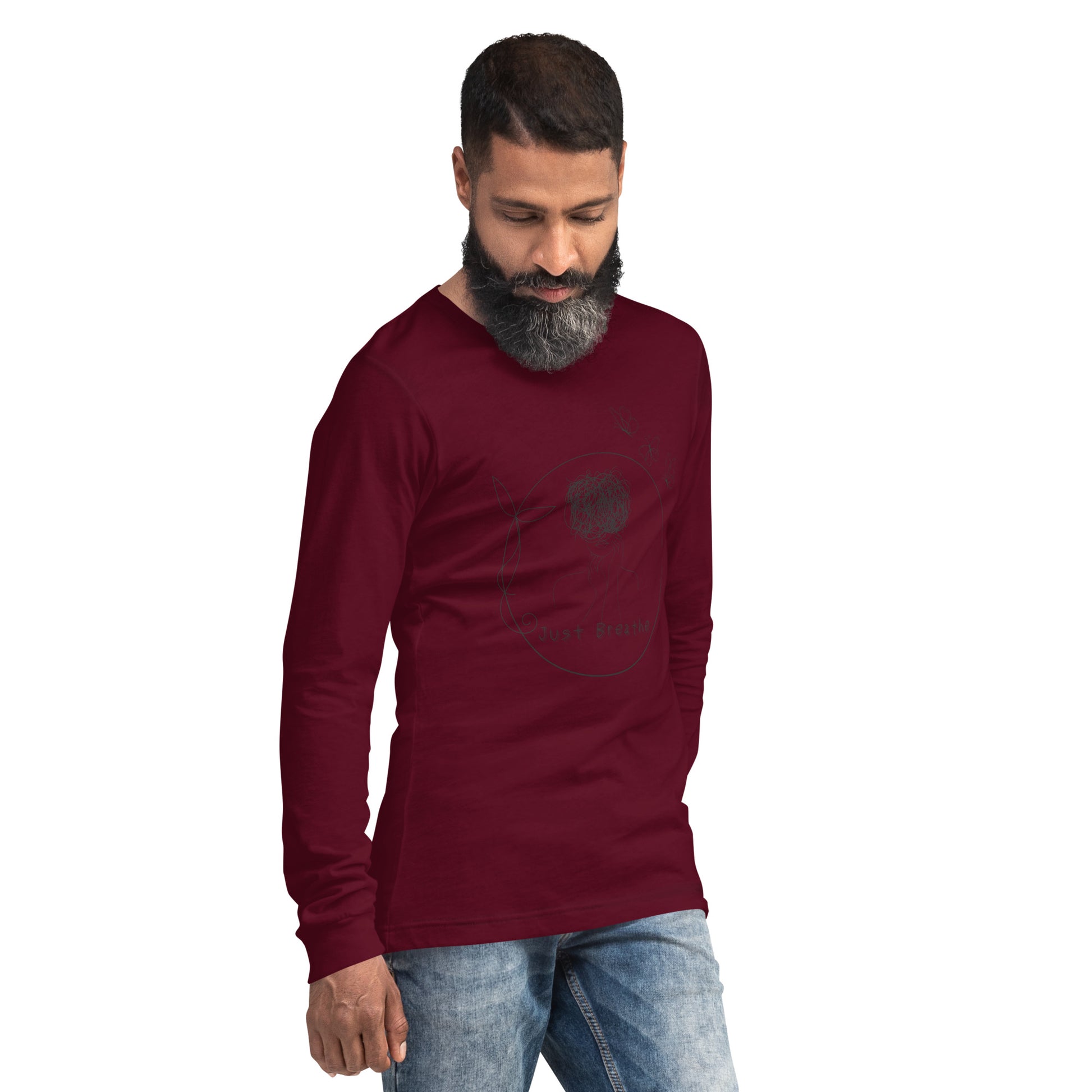 Image 4 of Navy Breathing Room Long Sleeve Shirt - Left Placement, size L, with Just Breathe artwork visible in front view, right-side angle.