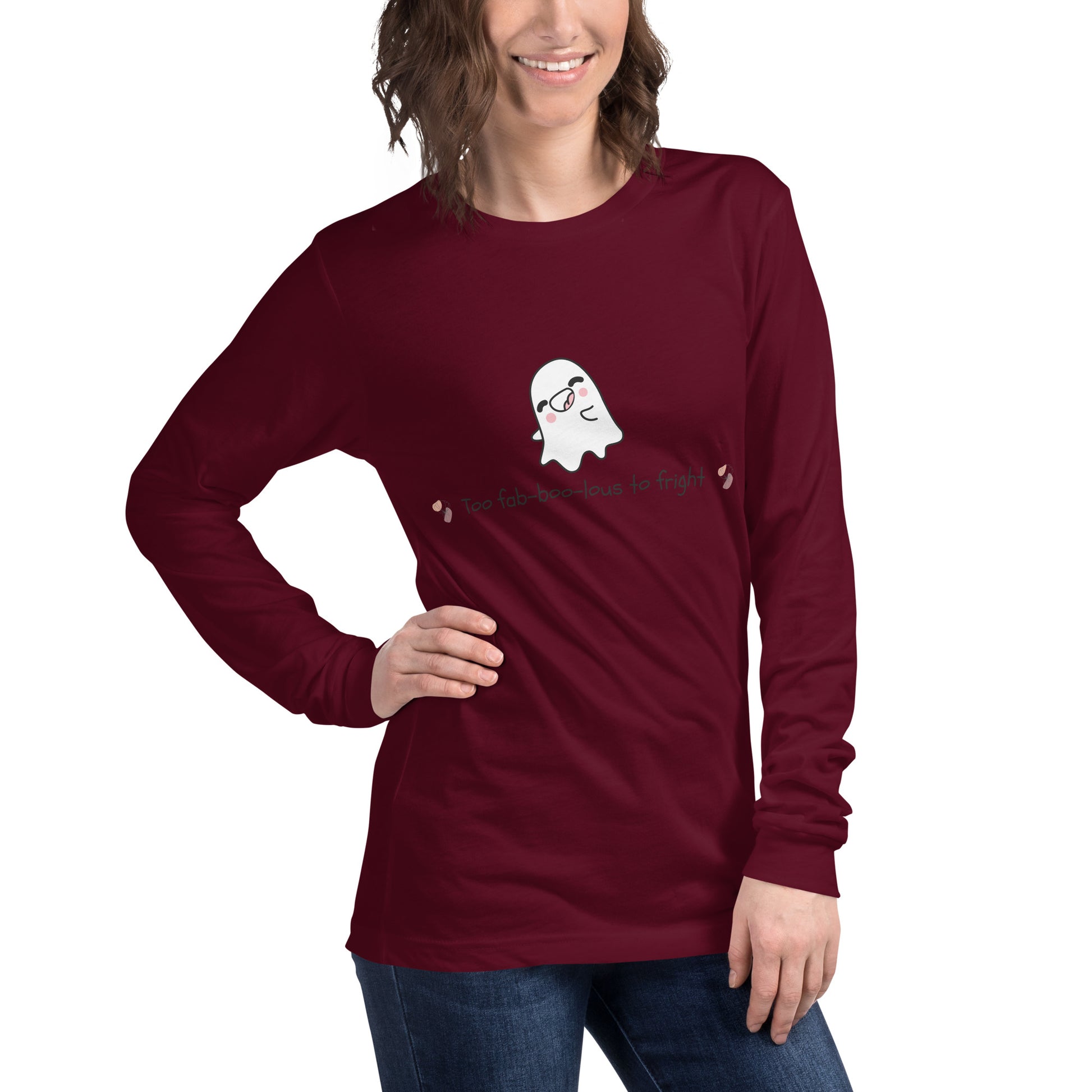 Boo Luxe Long Sleeve Shirt - Left Placement product image 8 in Red, size S, with front view, right-side angle and left placement.