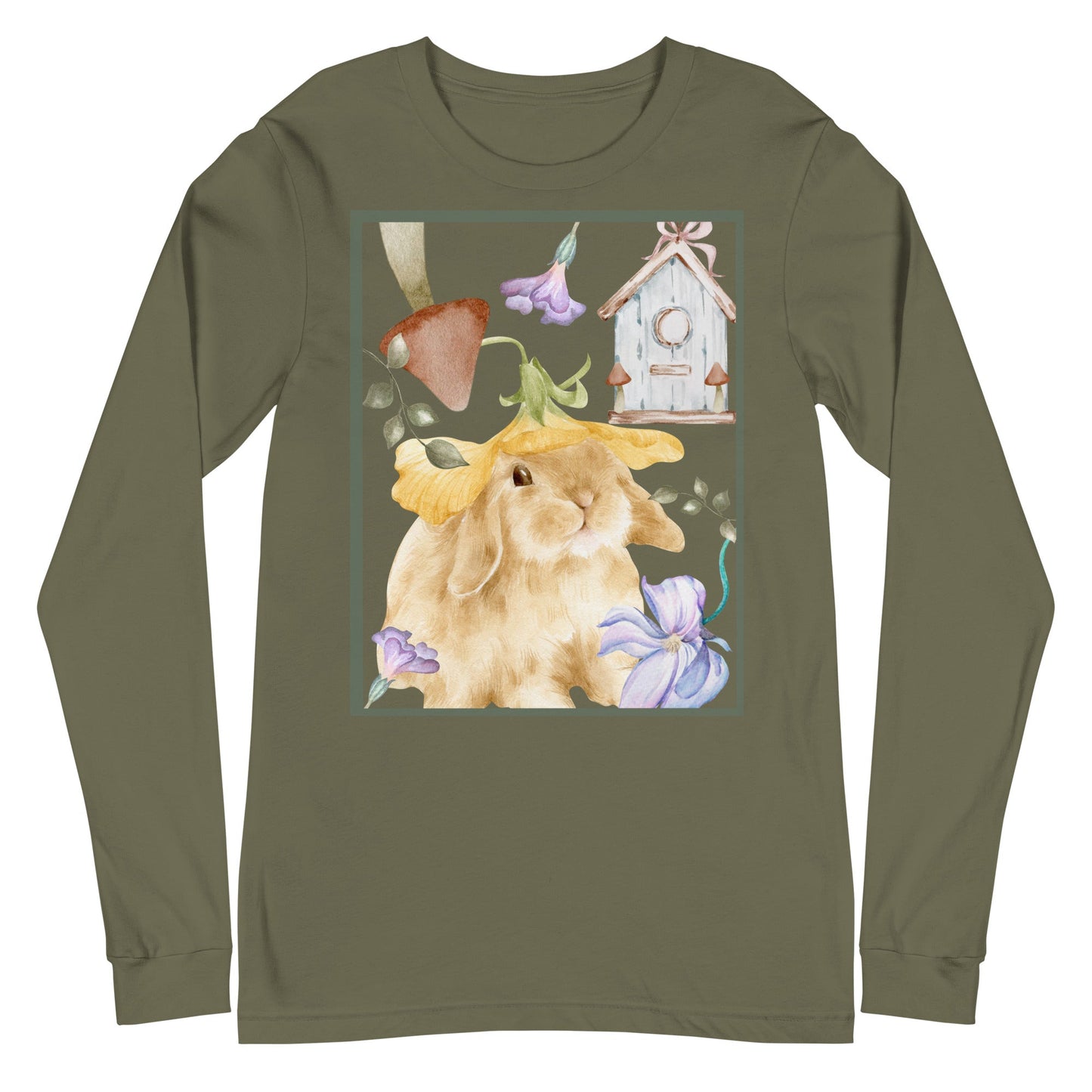 Image 12 of Navy Meadow Club Long Sleeve Shirt - Left Placement, size S, with Bunny Collage artwork visible in front view.