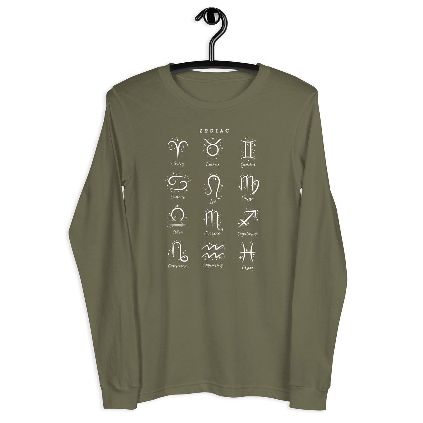 Image 7 of Black Astral Circle Long Sleeve Shirt - Left Placement, size XS, with Zodiac artwork visible in front view.