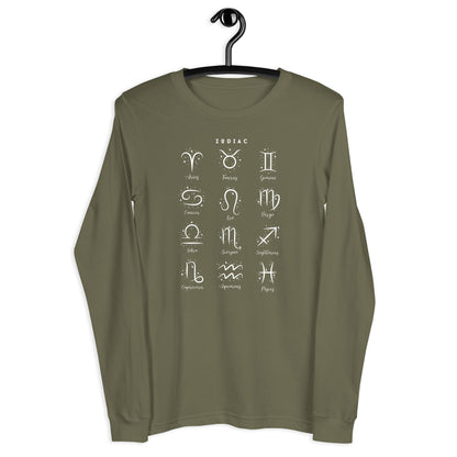 Image 7 of Black Astral Circle Long Sleeve Shirt - Left Placement, size XS, with Zodiac artwork visible in front view.