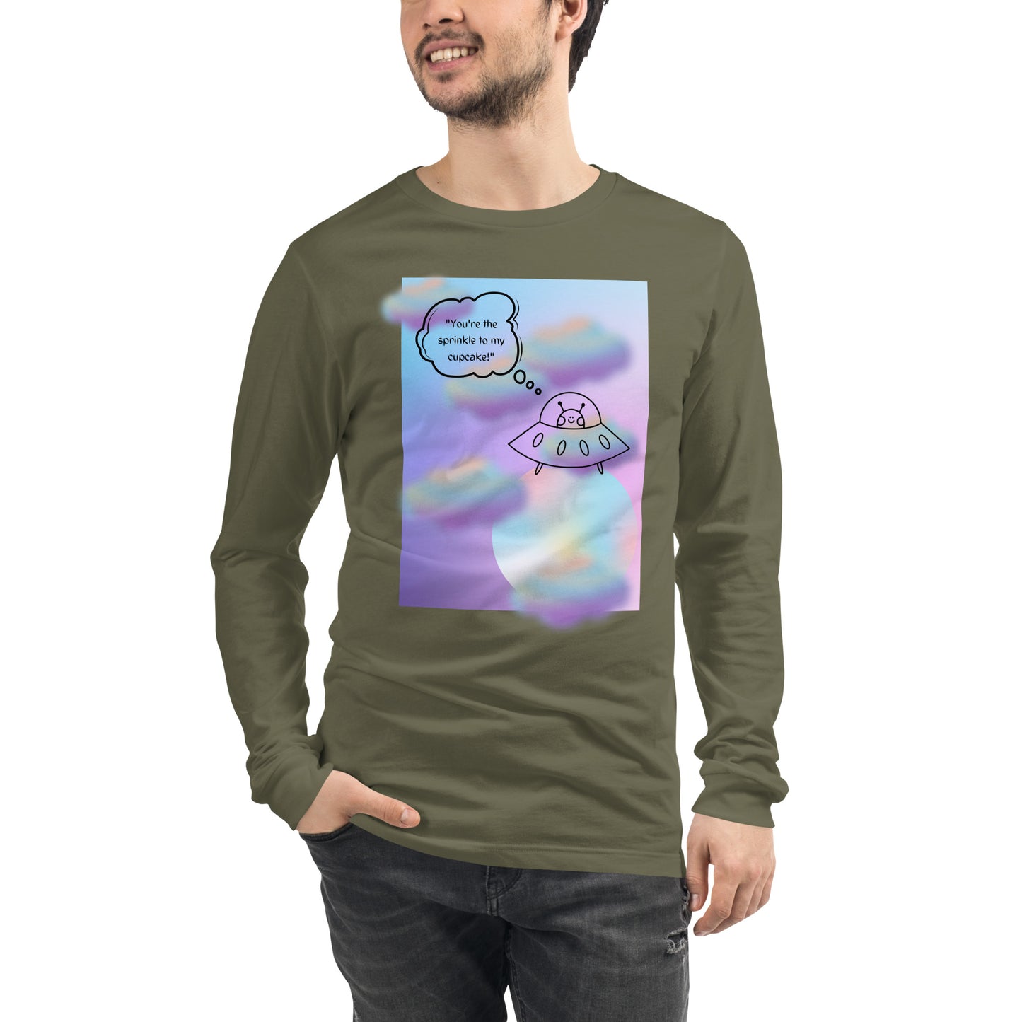 Sprinkle Theory Long Sleeve Shirt - Left Placement image 19 in Maroon, size L, showing front view for the You're the Sprinkle to My Cupcake design.