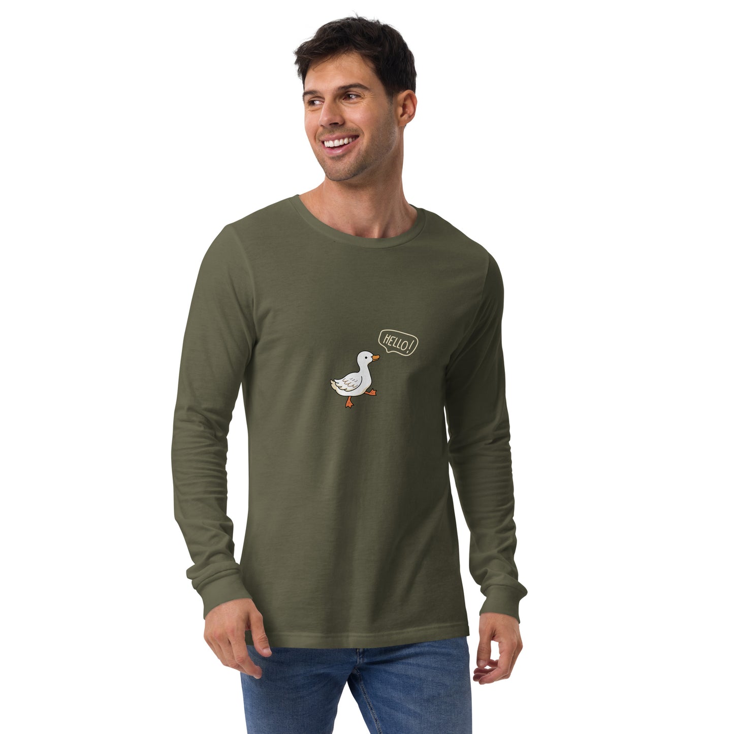 Quacksy Long Sleeve Shirt by R.A. Apparel, image 21, front view, Red, size S, design placement.