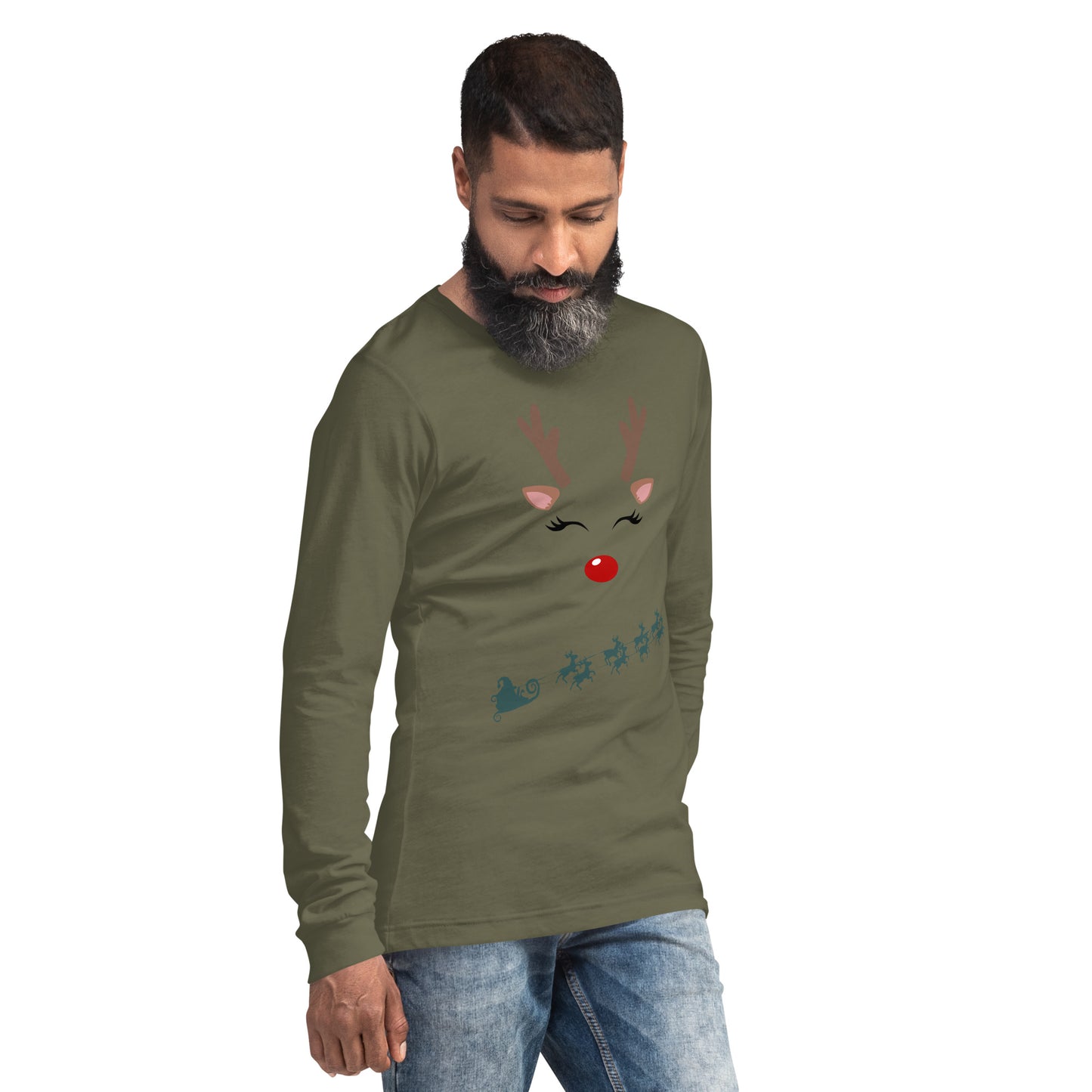 Image 8 of Maroon Northern Run Long Sleeve Shirt - Left Placement, size S, with Reindeer artwork visible in front view, right-side angle.