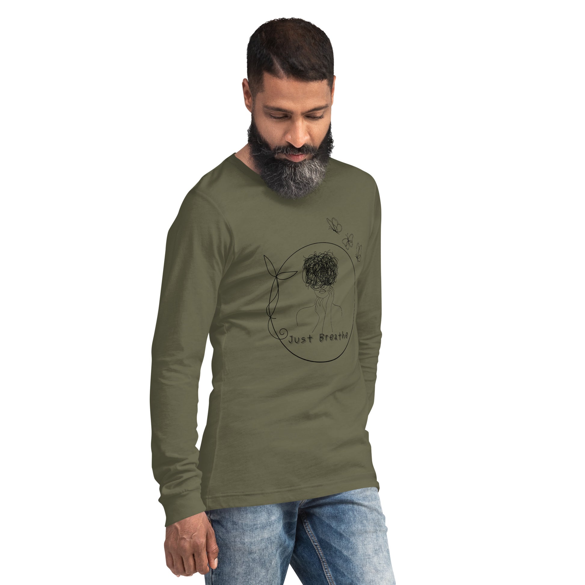 Image 6 of Navy Breathing Room Long Sleeve Shirt - Left Placement, size 2XL, with Just Breathe artwork visible in front view, right-side angle.