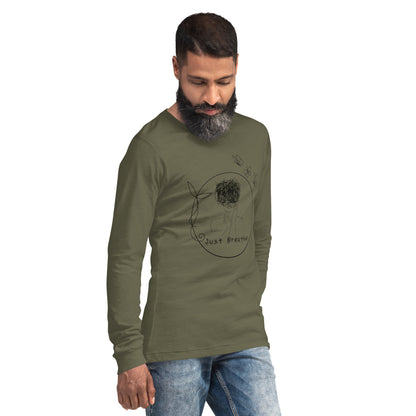 Image 6 of Navy Breathing Room Long Sleeve Shirt - Left Placement, size 2XL, with Just Breathe artwork visible in front view, right-side angle.
