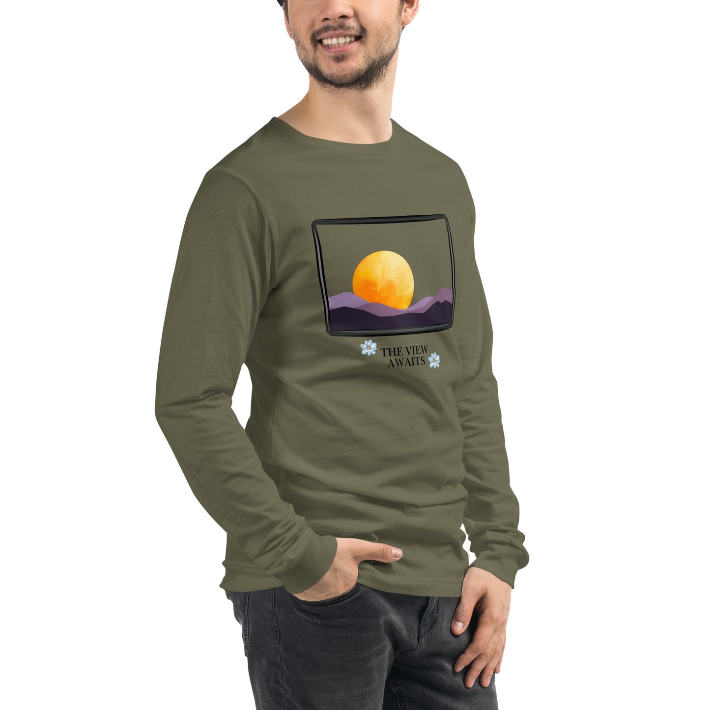 Image 66 of Gold Avenor Long Sleeve Shirt, size S, with The View Awaits artwork visible in front view, right-side angle.
