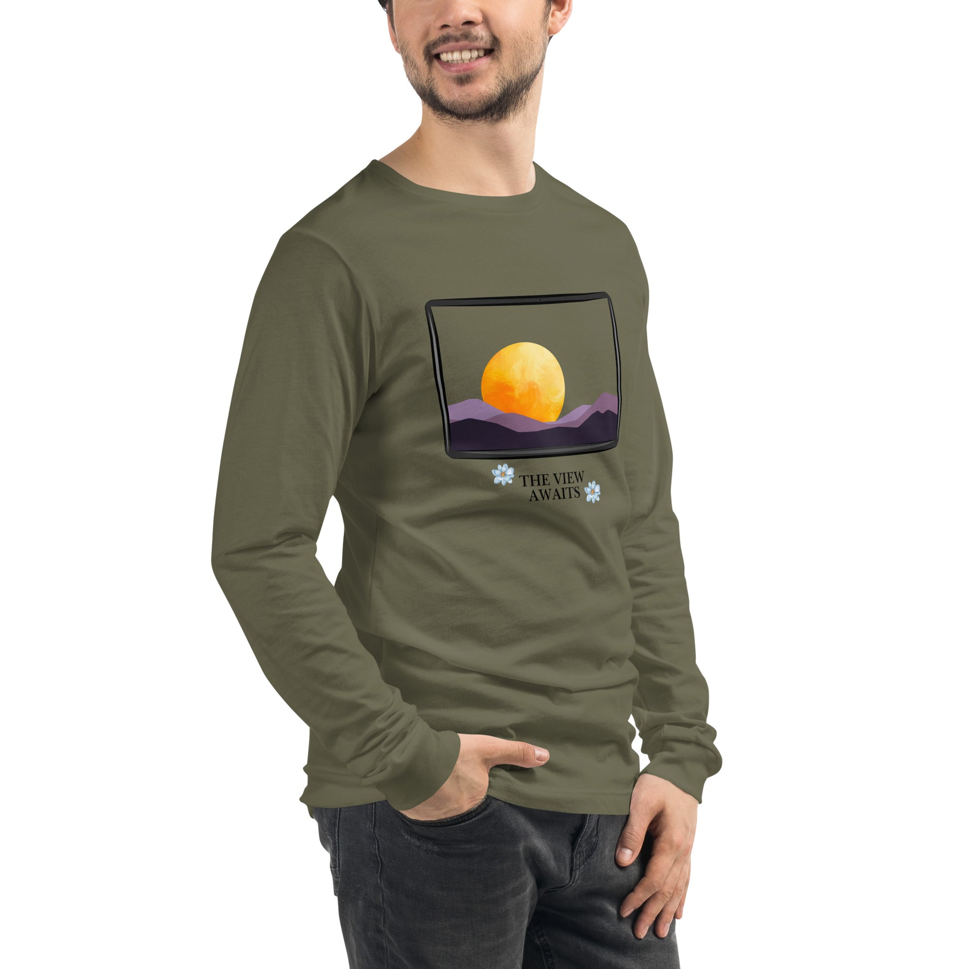 Image 66 of Gold Avenor Long Sleeve Shirt, size S, with The View Awaits artwork visible in front view, right-side angle.