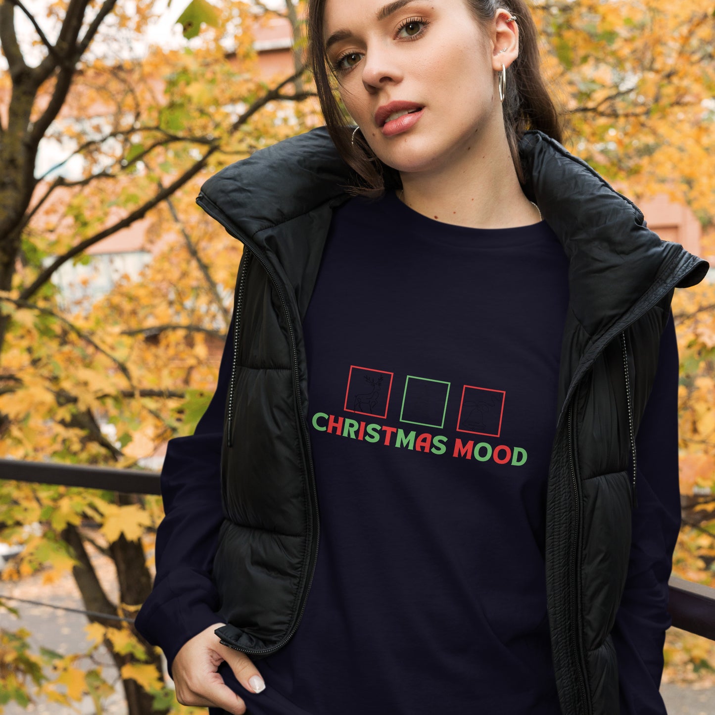 Festive Mood Long Sleeve Shirt - Left Placement product image 7 in Maroon, size XS, with front view and left placement.