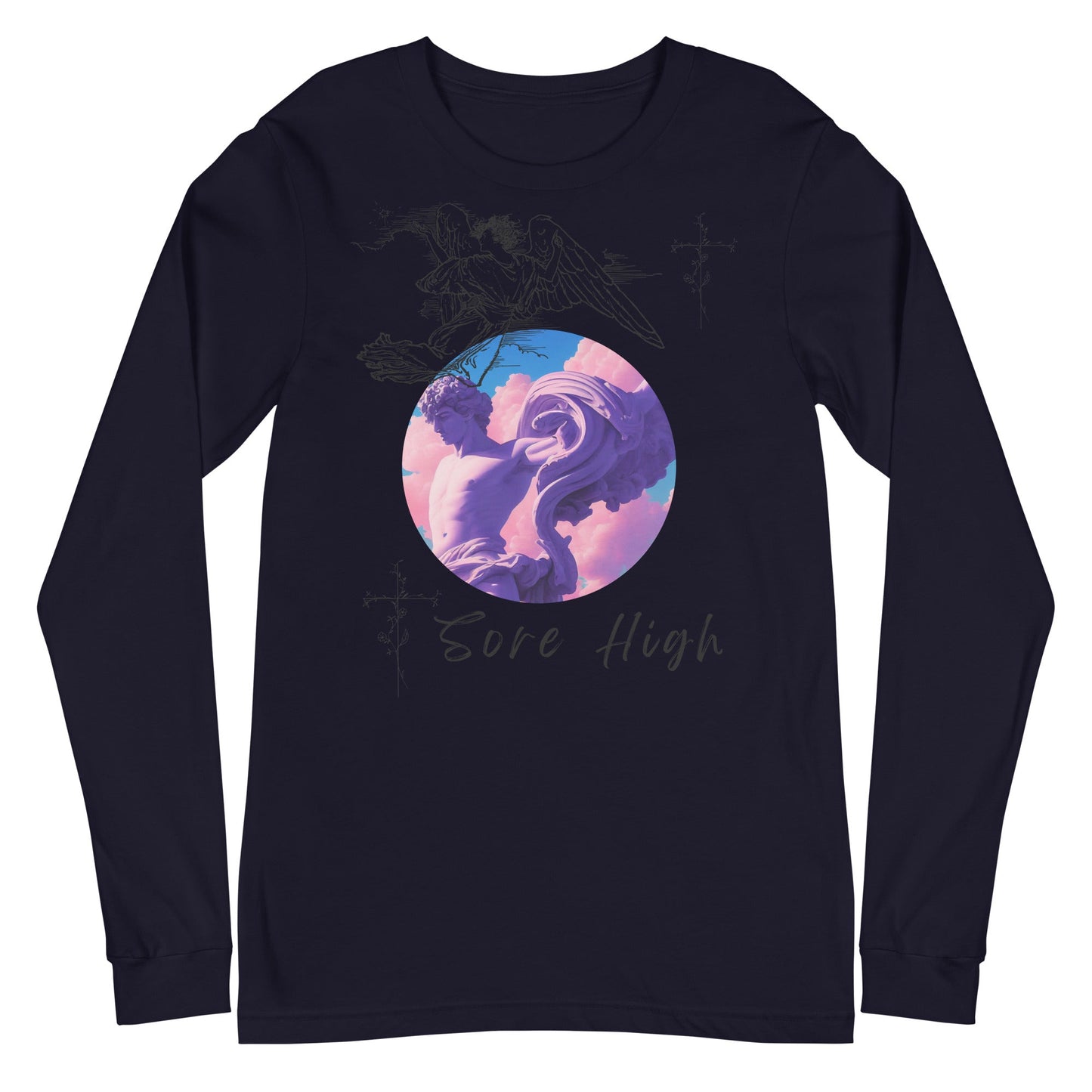 Skyborne Long Sleeve Shirt - Left Placement image 3 in Black Heather, size M, showing front view for the Sore High design.