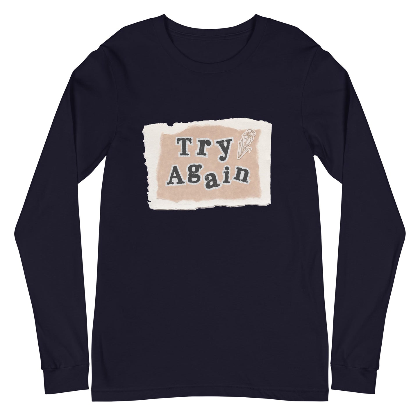 Retry Long Sleeve Shirt - Left Placement image 3 in Black Heather, size M, showing front view for the Try Again design.