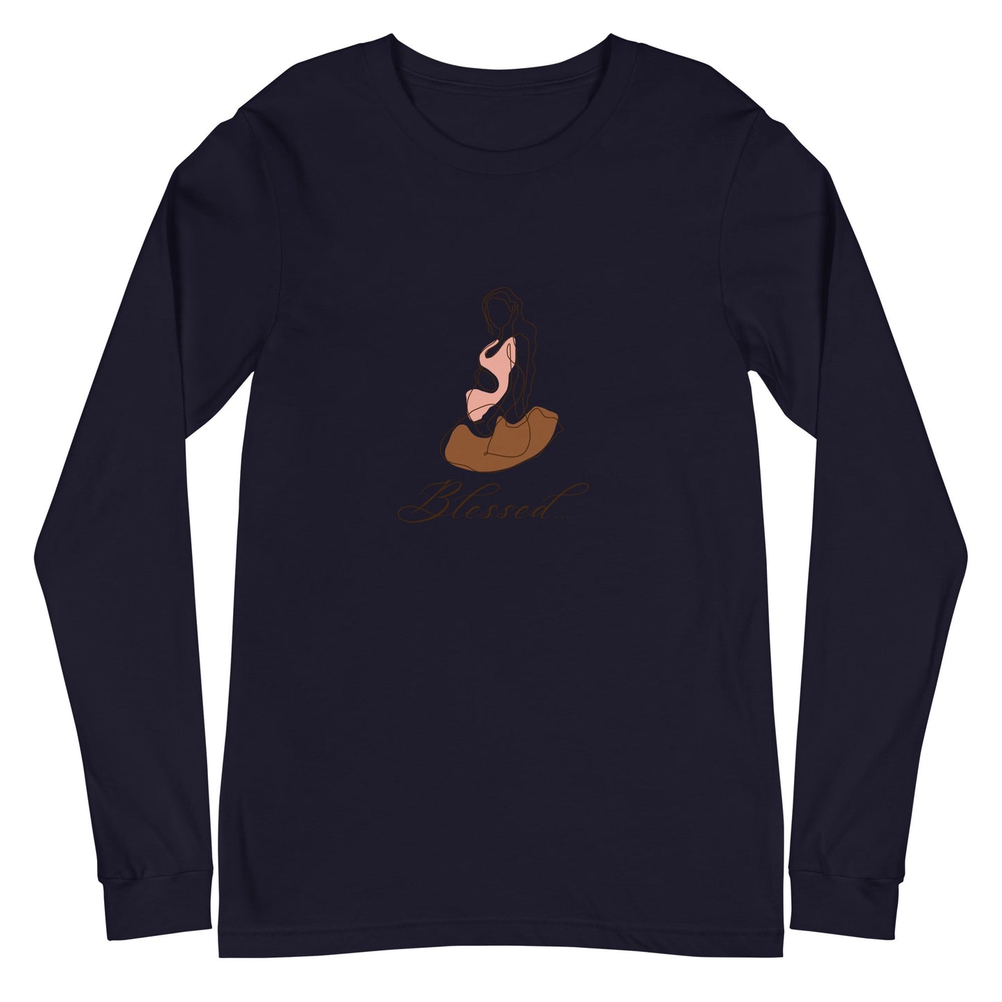 Image 3 of Black Heather Grace Mark Long Sleeve Shirt - Left Placement, size M, with Blessed artwork visible in front view.