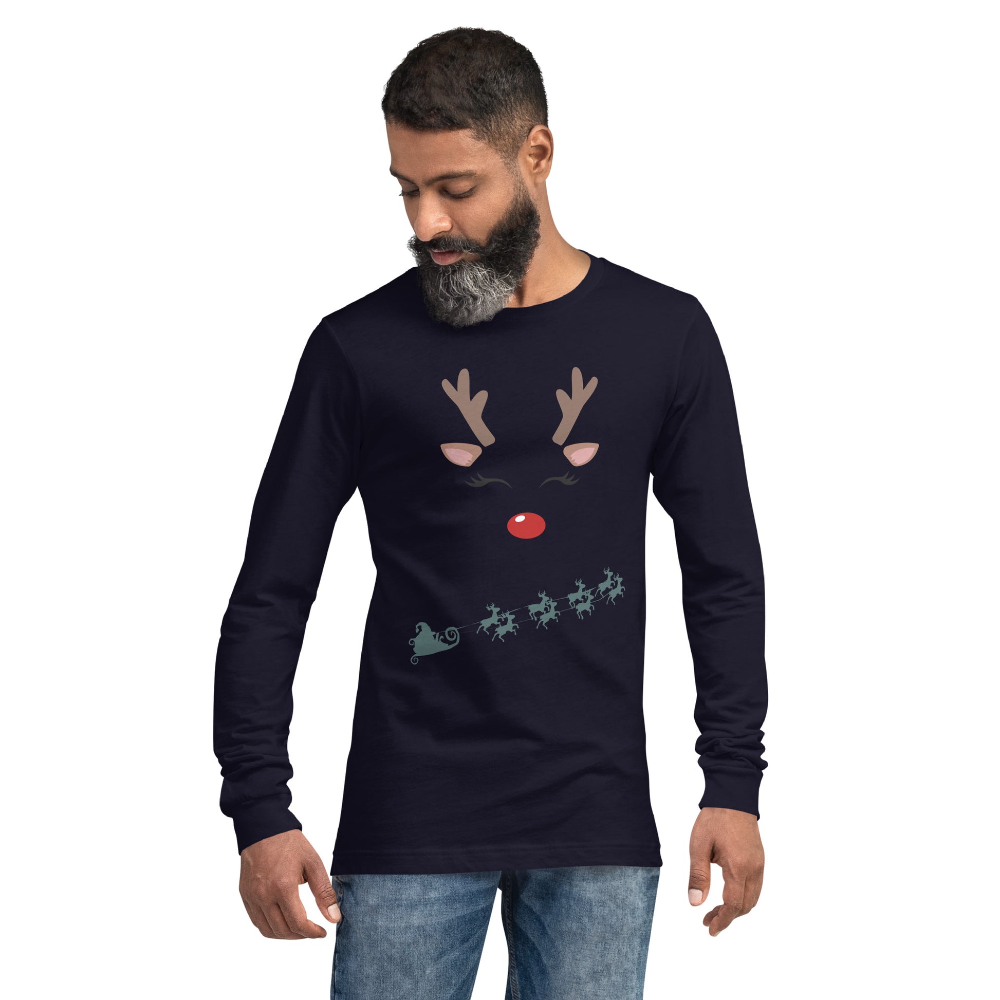 Northern Run Long Sleeve Shirt - Left Placement image 9: Maroon version, size M with front view of the Reindeer range.