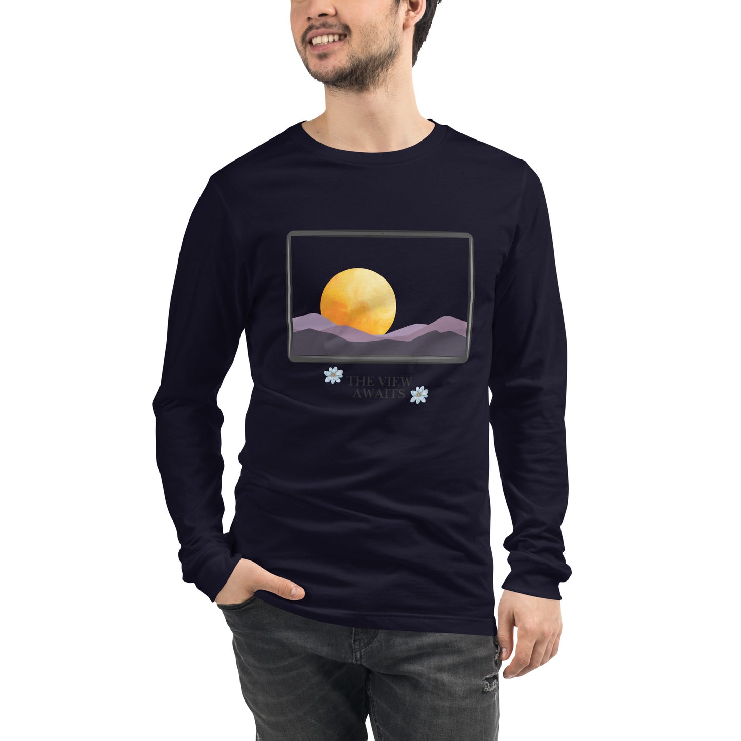 Image 13 of Navy Avenor Long Sleeve Shirt, size L, with The View Awaits artwork visible in front view.