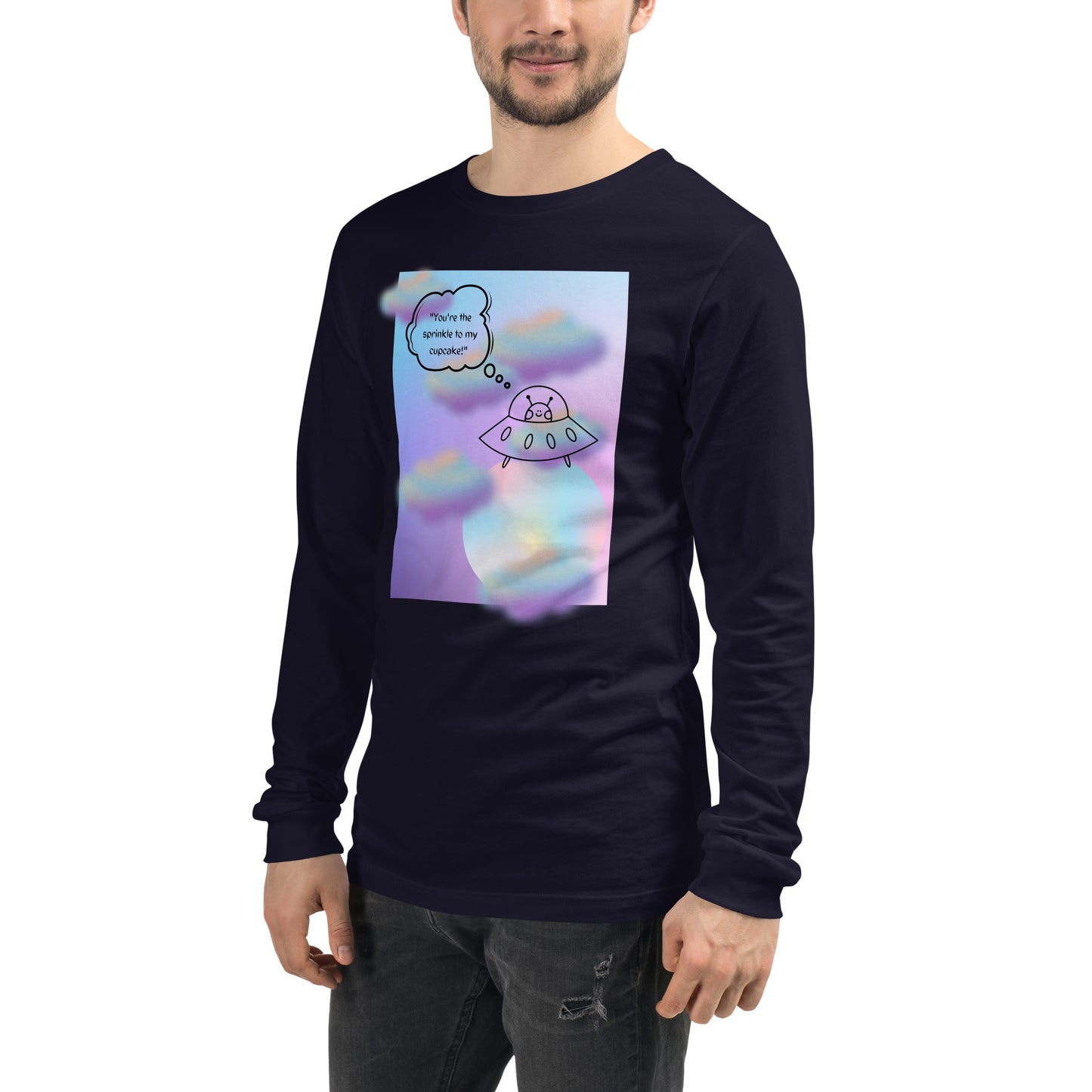 Sprinkle Theory Long Sleeve Shirt - Left Placement image 29 in Heather Forest, size L, showing front view, left-side angle for the You're the Sprinkle to My Cupcake design.