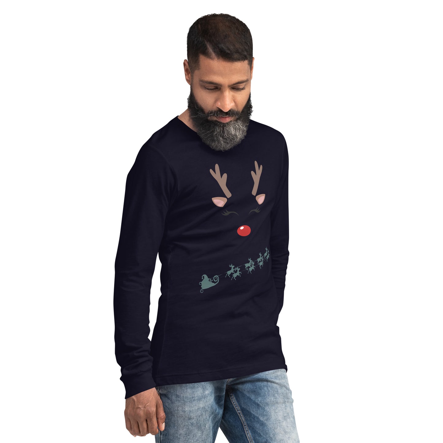 Image 10 of Maroon Northern Run Long Sleeve Shirt - Left Placement, size L, with Reindeer artwork visible in front view, right-side angle.
