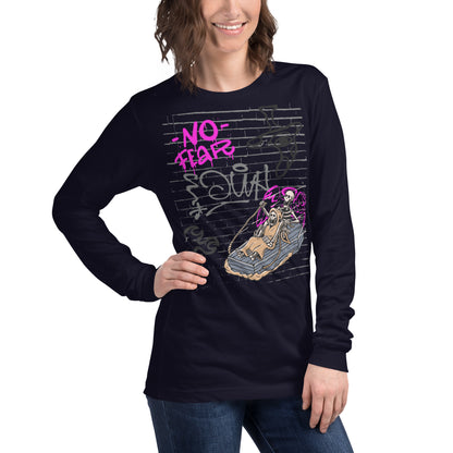 Fearless Long Sleeve Shirt - Left Placement image 20: Maroon version, size S with front view, right-side angle of the No Fear range.