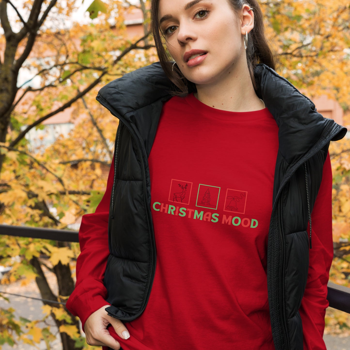 Festive Mood Long Sleeve Shirt - Left Placement image 9 in Maroon, size M, showing front view for the Xmas Mood design.